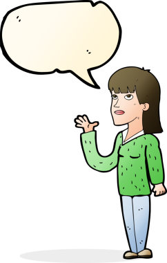 Bir insan tarafından çizilen konuşma baloncuğuyla açıklayan çizgi film kadını.