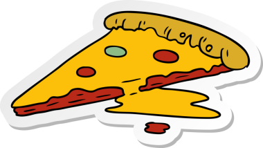 Bir insan tarafından çizilmiş bir dilim pizzanın el çizimi karikatürü.