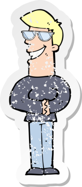 Bir insan tarafından çizilmiş gözlüklü, sırıtan bir çizgi film karakterinin gerilimli çıkartması.