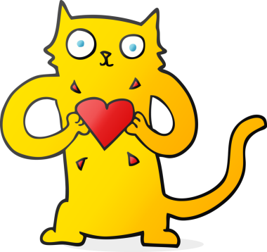 Bir insan tarafından çizilmiş, aşk dolu bir kalbi olan bir çizgi film kedisi.