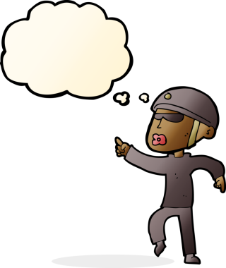 Bir insan tarafından çizilmiş düşünce baloncuğu olan bisiklet kasklı bir karikatür adam.