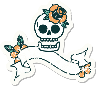 Bir insan tarafından çizilmiş kafatası ve gülü olan eski bir etiket.