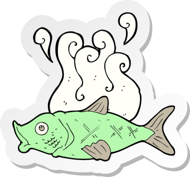 Bir insan tarafından çizilmiş karikatür kokulu balık etiketi.