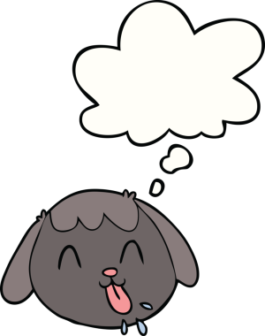 Bir insan tarafından çizilmiş düşünce baloncuklu çizgi köpek yüzü.