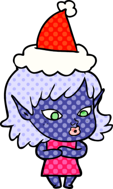 Güzel el çizimi çizgi roman stili Noel Baba şapkası giyen bir elf kızı bir insan tarafından çizilmiş.