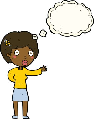 Bir insan tarafından çizilmiş düşünce balonlu bir kadın.