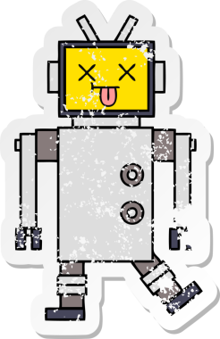 Bir insan tarafından çizilmiş sevimli bir robot çizgi film çıkartması.