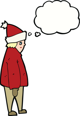 Bir insan tarafından çizilmiş düşünce baloncuğu olan kışlık giysiler içindeki bir çizgi film insanı.