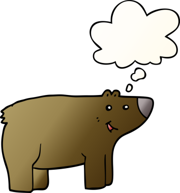 Bir insan tarafından çizilmiş yumuşak eğimli düşünce baloncuklu çizgi film ayısı.