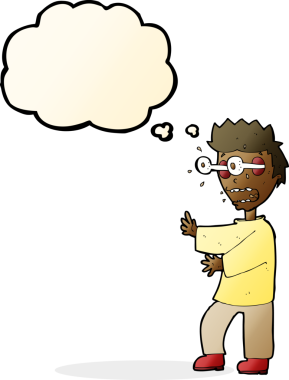 Bir insan tarafından çizilmiş düşünce kabarcığı olan korkmuş çocuk çizgi filmi.