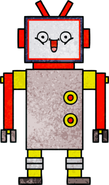 Bir insan tarafından çizilmiş mutlu bir robotun retro grunge dokusu.