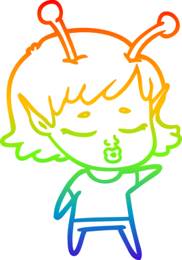 Gökkuşağı gradyan çizgisi. Bir insan tarafından çizilmiş şirin bir uzaylı kız çizgi filmi.