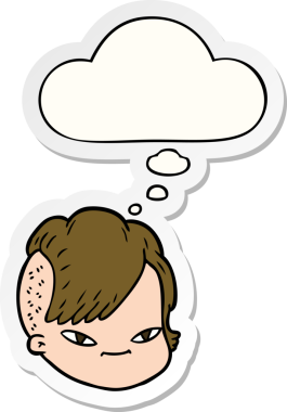 Düşünce baloncuklu karikatür kadın yüzü bir insan tarafından çizilmiş çıkartma gibi.