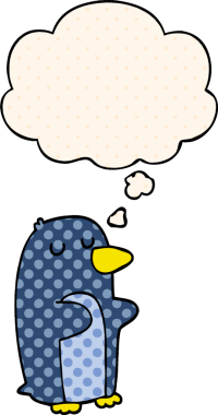 Çizgi roman tarzında bir insan tarafından çizilmiş düşünce baloncuğu olan penguen.