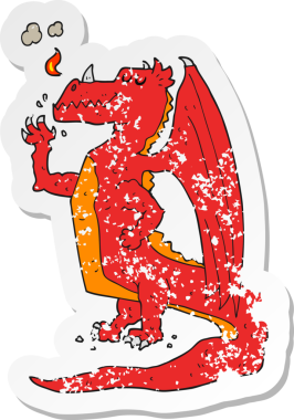 Bir insan tarafından çizilmiş mutlu ejderhanın gerici, sıkıntılı çıkartması.