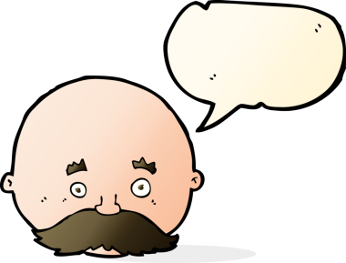 bir insan tarafından çizilmiş konuşma balonlu bıyıklı kel bir adam.