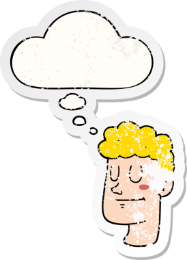 Düşünce baloncuklu karikatür erkek yüzü bir insan tarafından çizilmiş yıpranmış bir çıkartma gibi.