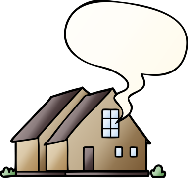 Bir insan tarafından çizilmiş, konuşma baloncuklu çizgi film evi.