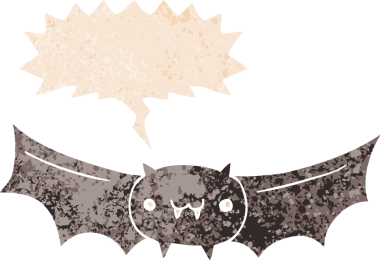 Konuşma baloncuğu olan çizgi vampir yarasa bir insan tarafından çizilmiş dertli retro tarzı