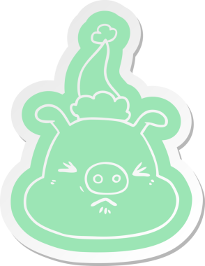 Bir insan tarafından çizilmiş Noel Baba şapkası takan kızgın domuz suratlı tuhaf bir çizgi film çıkartması.