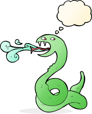 Bir insan tarafından çizilmiş düşünce balonlu tıslayan yılan.