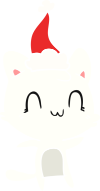 Bir insan tarafından çizilmiş Noel Baba şapkası takan mutlu bir kedinin düz renkli çizimi.