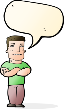 Bir insan tarafından çizilmiş, kolları katlanmış, konuşma balonlu sert çocuk.