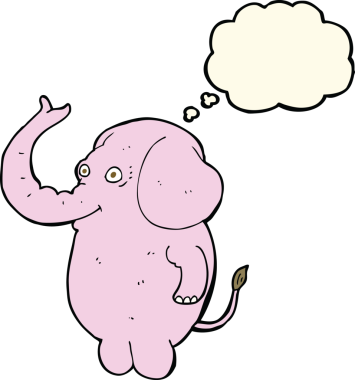 Bir insan tarafından çizilmiş düşünce baloncuklu komik bir fil.