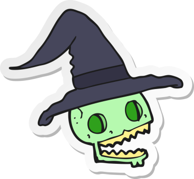 Bir insan tarafından çizilmiş cadı şapkası takan bir kafatası çıkartması.