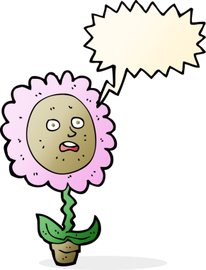 Bir insan tarafından çizilmiş, yüzü konuşma baloncuğu olan karikatür çiçeği.