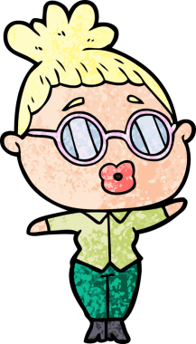 Bir insan tarafından çizilmiş gözlüklü bir karikatür kadın.