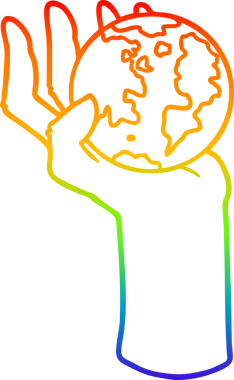 gökkuşağı gradyan çizgi çizimi bir insan tarafından çizilmiş tüm dünyayı tutan bir el