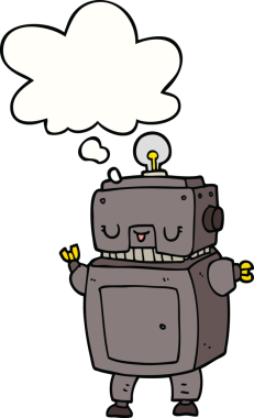 Bir insan tarafından çizilmiş düşünce baloncuklu çizgi film robotu