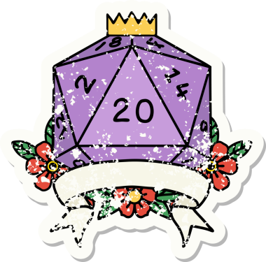 Bir insan tarafından çekilen 20 kritik vuruşluk D20 zar atımının grunge çıkartması.