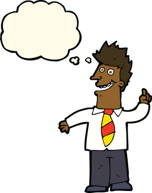 Bir insan tarafından çizilmiş düşünce baloncuğu ile iyi bir fikri olan çizgi film adamı.