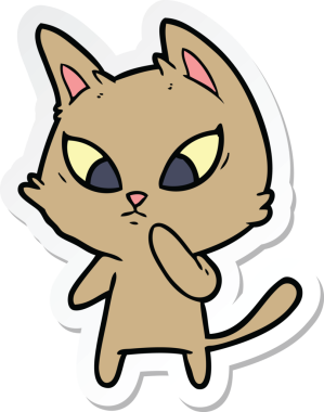 Bir insan tarafından çizilmiş kafası karışmış bir çizgi film kedisinin çıkartması.