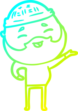 Bir insan tarafından çizilmiş, mutlu, sakallı, çizgi film karakteri.