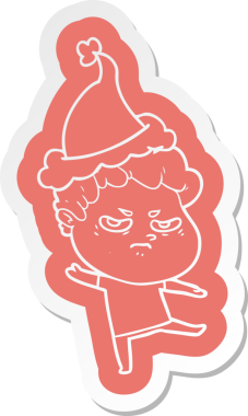 Bir insan tarafından çizilmiş Noel Baba şapkası giyen kızgın bir adamın garip çizgi film çıkartması.