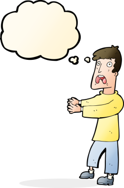 Bir insan tarafından çizilmiş düşünce baloncuğuyla dehşete düşmüş bir adam.