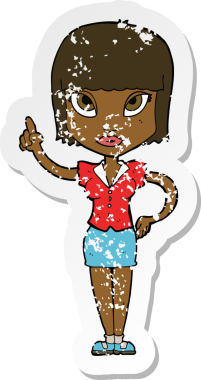 Bir insan tarafından çizilmiş, karikatürlü, kederli, güzel bir kızın retro yapıştırması.