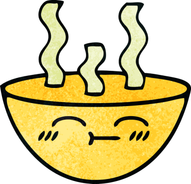 Bir insan tarafından çizilmiş sıcak çorba kasesinin retro grunge desenli karikatürü.