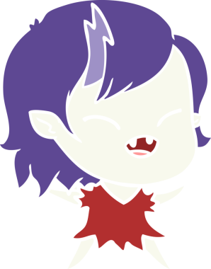 Bir insan tarafından çizilmiş düz renkli çizgi film gülen vampir kız.