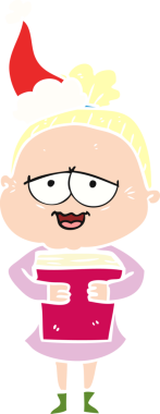 Bir insan tarafından çizilmiş Noel Baba şapkası giyen mutlu yaşlı bir kadının el çizimi.