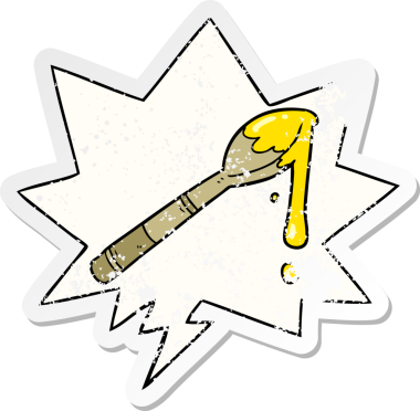 Bir insan tarafından çizilmiş, kederli, eski bir çıkartma, konuşma balonlu bir kaşık bal.