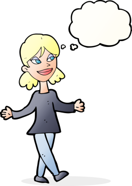 Bir insan tarafından çizilen düşünce baloncuğu ile ilgili endişesi olmayan çizgi film kadını.