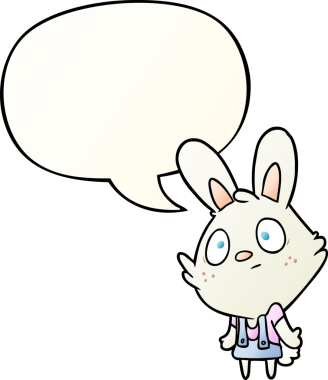Sevimli çizgi film tavşanı omuzlarını silkiyor ve bir insan tarafından çizilmiş yumuşak bir şekilde konuşma baloncuğu oluşturuyor.