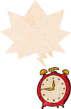 bir insan tarafından çizilmiş grunge sıkıntılı retro desenli konuşma baloncuklu çizgi film alarm saati