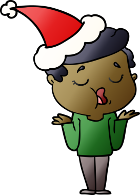 Konuşan, omuzlarını silken, Noel Baba şapkası takan bir adamın el çizimi karikatürü.