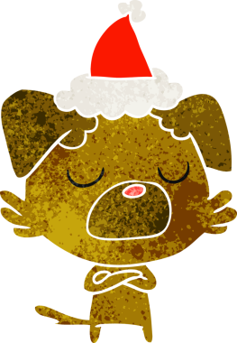 Bir insan tarafından çizilmiş Noel Baba şapkası takan bir köpeğin retro karikatürü.