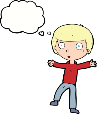 Bir insan tarafından çizilmiş düşünce baloncuğu ile ürkmüş bir çocuk.